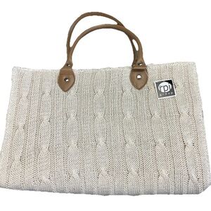 Cable Knitted Handbag Tote Beige With Lightning 16x10x5 in Keeps in Shape Framed
